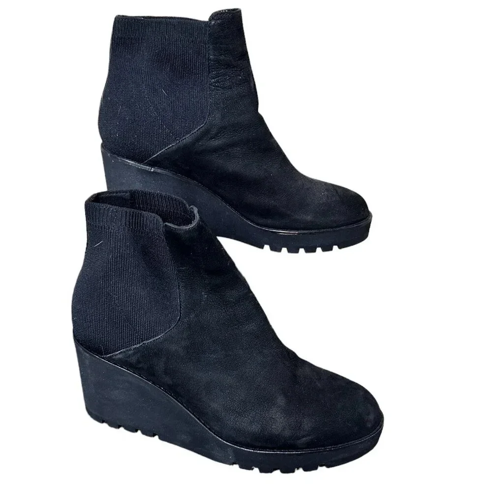 EILEEN FISHER Stretch Side Black Suede Wedge Booties - 8.5